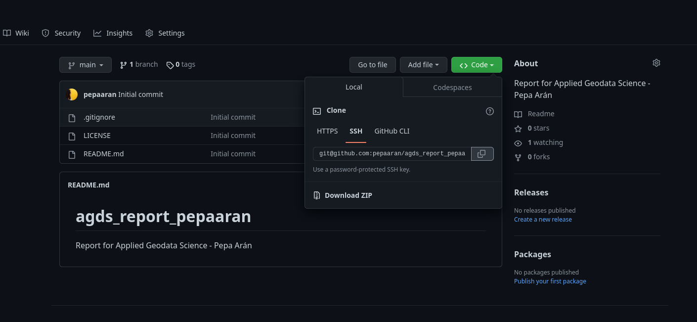 Copy the SSH url to clone your reporitory.